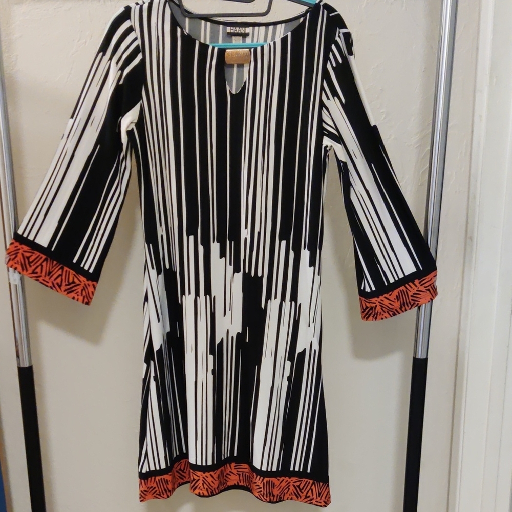 Haani Black/White Striped Long Sleeve Dress Orange Trim Gold Accent Stretchy S